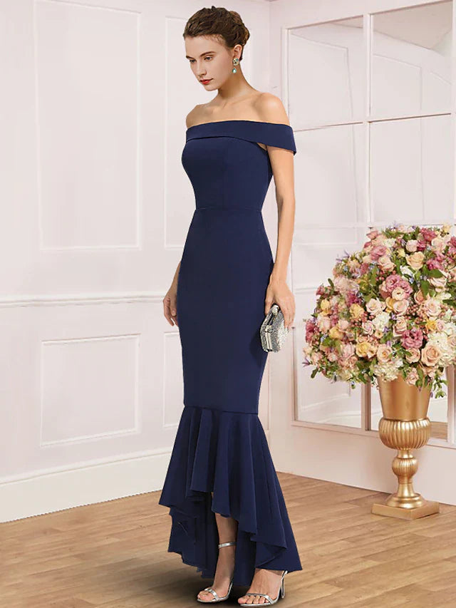 Wholesale Sheath / Column Mother of the Bride Dress Wedding Guest Party Elegant Off Shoulder Asymmetrical Stretch Fabric Cap Sleeve with Pleats Solid Color
